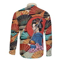 Japanese Geisha Katana Long Sleeve Button Shirt Japan Sensu Seigaiha Pattern - Polynesian Pride