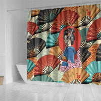 Japanese Geisha Katana Shower Curtain Japan Sensu Seigaiha Pattern LT14 - Polynesian Pride