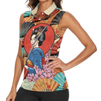 Japanese Geisha Katana Women Sleeveless Polo Shirt Japan Sensu Seigaiha Pattern - Polynesian Pride