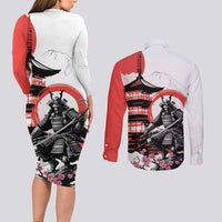 Japanese Samurai Warrior Enso Couples Matching Long Sleeve Bodycon Dress and Long Sleeve Button Shirt Japan Pagoda Sakura Watercolor - Polynesian Pride