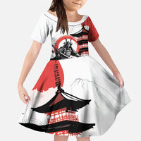Japanese Samurai Warrior Enso Family Matching Off Shoulder Short Dress and Hawaiian Shirt Japan Pagoda Sakura Watercolor LT14 Daughter's Dress White - Polynesian Pride