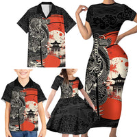 Japanese Dragon Katana Enso Family Matching Short Sleeve Bodycon Dress and Hawaiian Shirt Japan Pagoda Seamless Cloud - Polynesian Pride