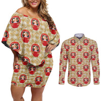 Japanese Daruma Doll Couples Matching Off Shoulder Short Dress and Long Sleeve Button Shirt Palaka With Seamless Bamboo Pattern - Polynesian Pride