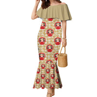 Japanese Daruma Doll Family Matching Mermaid Dress and Hawaiian Shirt Palaka With Seamless Bamboo Pattern LT14 Mom's Dress Beige - Polynesian Pride