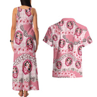 Japanese Daruma Doll Palaka Couples Matching Tank Maxi Dress and Hawaiian Shirt Cherry Blossoms With Shell Lei - Polynesian Pride
