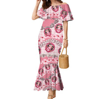 Japanese Daruma Doll Palaka Family Matching Mermaid Dress and Hawaiian Shirt Cherry Blossoms With Shell Lei - Polynesian Pride