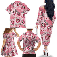 Japanese Daruma Doll Palaka Family Matching Off The Shoulder Long Sleeve Dress and Hawaiian Shirt Cherry Blossoms With Shell Lei - Polynesian Pride