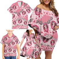 Japanese Daruma Doll Palaka Family Matching Off Shoulder Short Dress and Hawaiian Shirt Cherry Blossoms With Shell Lei - Polynesian Pride