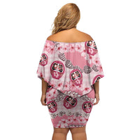 Japanese Daruma Doll Palaka Family Matching Off Shoulder Short Dress and Hawaiian Shirt Cherry Blossoms With Shell Lei - Polynesian Pride