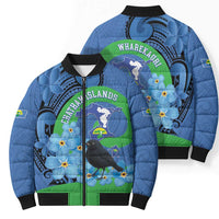 New Zealand Chatham Islands Bomber Puffer Jacket Wharekauri Forget Me Not With Black Robin - Polynesian Pride