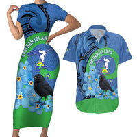New Zealand Chatham Islands Couples Matching Short Sleeve Bodycon Dress and Hawaiian Shirt Wharekauri Forget Me Not With Black Robin