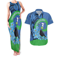 New Zealand Chatham Islands Couples Matching Tank Maxi Dress and Hawaiian Shirt Wharekauri Forget Me Not With Black Robin