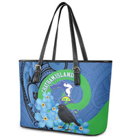 New Zealand Chatham Islands Leather Tote Bag Wharekauri Forget Me Not With Black Robin