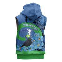 New Zealand Chatham Islands Sleeveless Zip Hoodie Wharekauri Forget Me Not With Black Robin - Polynesian Pride
