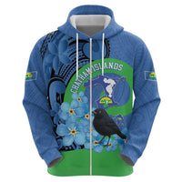 New Zealand Chatham Islands Zip Hoodie Wharekauri Forget Me Not With Black Robin