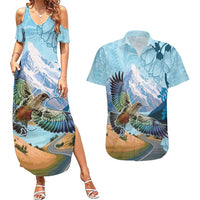 New Zealand South Island Couples Matching Summer Maxi Dress and Hawaiian Shirt Te Waipounamu Aoraki Kea Bird