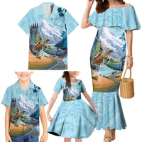 New Zealand South Island Family Matching Mermaid Dress and Hawaiian Shirt Te Waipounamu Aoraki Kea Bird