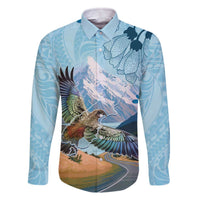 New Zealand South Island Family Matching Off The Shoulder Long Sleeve Dress and Hawaiian Shirt Te Waipounamu Aoraki Kea Bird LT14 Dad's Shirt - Long Sleeve Blue - Polynesian Pride