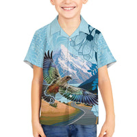 New Zealand South Island Family Matching Off The Shoulder Long Sleeve Dress and Hawaiian Shirt Te Waipounamu Aoraki Kea Bird LT14 Son's Shirt Blue - Polynesian Pride