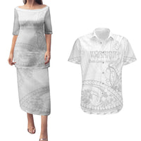 Polynesia Brain Cancer Awareness Couples Matching Puletasi and Hawaiian Shirt In May We Wear Grey