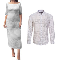 Polynesia Brain Cancer Awareness Couples Matching Puletasi and Long Sleeve Button Shirt In May We Wear Grey LT14 White - Polynesian Pride