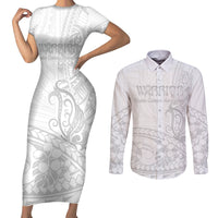 Polynesia Brain Cancer Awareness Couples Matching Short Sleeve Bodycon Dress and Long Sleeve Button Shirt In May We Wear Grey LT14 White - Polynesian Pride