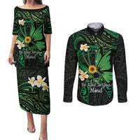 Polynesia Mental Health Awareness Couples Matching Puletasi and Long Sleeve Button Shirt Green Ribbon Be Kind To Your Mind LT14 Green - Polynesian Pride