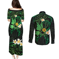 Polynesia Mental Health Awareness Couples Matching Puletasi and Long Sleeve Button Shirt Green Ribbon Be Kind To Your Mind LT14 - Polynesian Pride