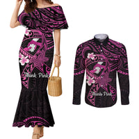 Polynesia Breast Cancer Awareness Couples Matching Mermaid Dress and Long Sleeve Button Shirt Pink Ribbon No One Fights Alone - Black LT14 Black - Polynesian Pride