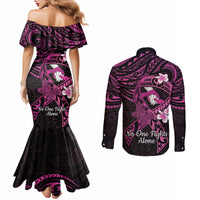 Polynesia Breast Cancer Awareness Couples Matching Mermaid Dress and Long Sleeve Button Shirt Pink Ribbon No One Fights Alone - Black LT14 - Polynesian Pride