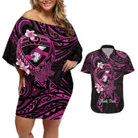 Polynesia Breast Cancer Awareness Couples Matching Off Shoulder Short Dress and Hawaiian Shirt Pink Ribbon No One Fights Alone - Black LT14 Black - Polynesian Pride