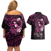 Polynesia Breast Cancer Awareness Couples Matching Off Shoulder Short Dress and Hawaiian Shirt Pink Ribbon No One Fights Alone - Black LT14 - Polynesian Pride
