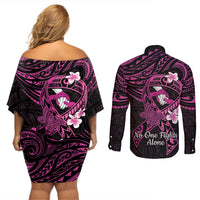 Polynesia Breast Cancer Awareness Couples Matching Off Shoulder Short Dress and Long Sleeve Button Shirt Pink Ribbon No One Fights Alone - Black LT14 - Polynesian Pride