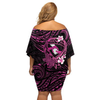 Polynesia Breast Cancer Awareness Off Shoulder Short Dress Pink Ribbon No One Fights Alone - Black LT14 - Polynesian Pride