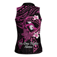 Polynesia Breast Cancer Awareness Women Sleeveless Polo Shirt Pink Ribbon No One Fights Alone - Black