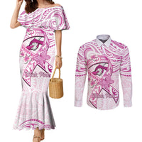 Polynesia Breast Cancer Awareness Couples Matching Mermaid Dress and Long Sleeve Button Shirt Pink Ribbon No One Fights Alone - White LT14 White - Polynesian Pride