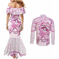 Polynesia Breast Cancer Awareness Couples Matching Mermaid Dress and Long Sleeve Button Shirt Pink Ribbon No One Fights Alone - White LT14 - Polynesian Pride