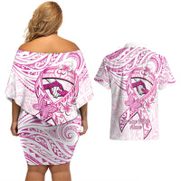 Polynesia Breast Cancer Awareness Couples Matching Off Shoulder Short Dress and Hawaiian Shirt Pink Ribbon No One Fights Alone - White LT14 - Polynesian Pride