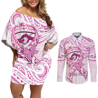 Polynesia Breast Cancer Awareness Couples Matching Off Shoulder Short Dress and Long Sleeve Button Shirt Pink Ribbon No One Fights Alone - White LT14 White - Polynesian Pride