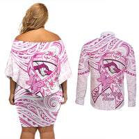 Polynesia Breast Cancer Awareness Couples Matching Off Shoulder Short Dress and Long Sleeve Button Shirt Pink Ribbon No One Fights Alone - White LT14 - Polynesian Pride