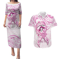 Polynesia Breast Cancer Awareness Couples Matching Puletasi and Hawaiian Shirt Pink Ribbon No One Fights Alone - White LT14 White - Polynesian Pride
