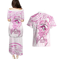 Polynesia Breast Cancer Awareness Couples Matching Puletasi and Hawaiian Shirt Pink Ribbon No One Fights Alone - White LT14 - Polynesian Pride