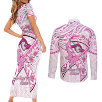 Polynesia Breast Cancer Awareness Couples Matching Short Sleeve Bodycon Dress and Long Sleeve Button Shirt Pink Ribbon No One Fights Alone - White