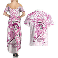 Polynesia Breast Cancer Awareness Couples Matching Summer Maxi Dress and Hawaiian Shirt Pink Ribbon No One Fights Alone - White LT14 - Polynesian Pride