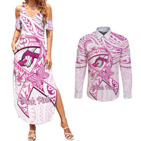 Polynesia Breast Cancer Awareness Couples Matching Summer Maxi Dress and Long Sleeve Button Shirt Pink Ribbon No One Fights Alone - White