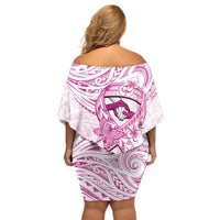Polynesia Breast Cancer Awareness Off Shoulder Short Dress Pink Ribbon No One Fights Alone - White LT14 - Polynesian Pride