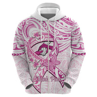 Polynesia Breast Cancer Awareness Zip Hoodie Pink Ribbon No One Fights Alone - White