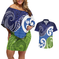 Southland New Zealand Couples Matching Off Shoulder Short Dress and Hawaiian Shirt Maori Koru Flag Color