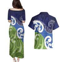 Southland New Zealand Couples Matching Puletasi and Hawaiian Shirt Maori Koru Flag Color