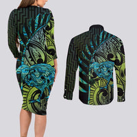 Southland Takehe Pounama Couples Matching Long Sleeve Bodycon Dress and Long Sleeve Button Shirt Aotearoa Poutama Paua Shell Fern